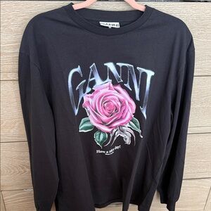 Ganni Black Top with Pink Rose Design